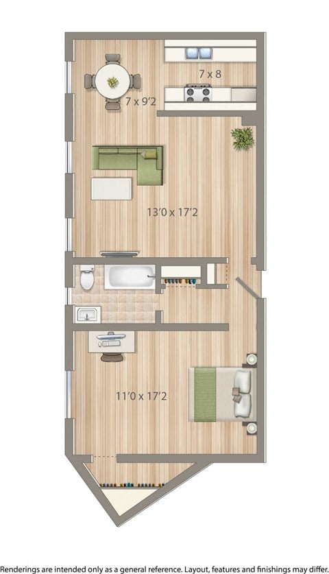 Floor plan for 1 bed, 1 bath, 676 sqft